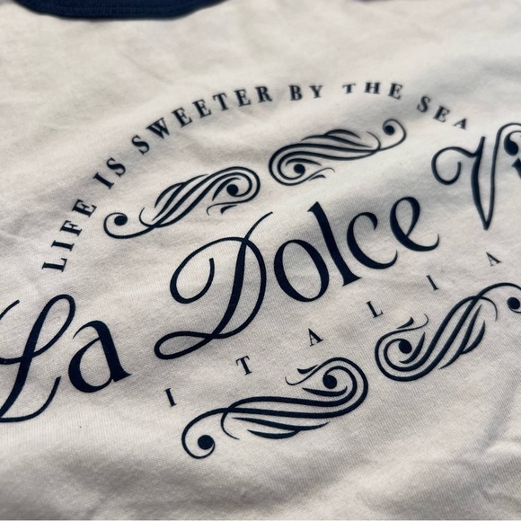 Mighty Fine La Dolce Vita Graphic Ringer Tee Sz M White/Navy - Picture 6 of 7
